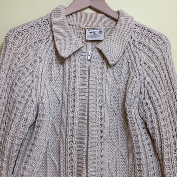 Gaeltarra | Cream New Wool Irish Fisherman Full Zip Collared Cardigan Sweater M - Picture 7 of 17
